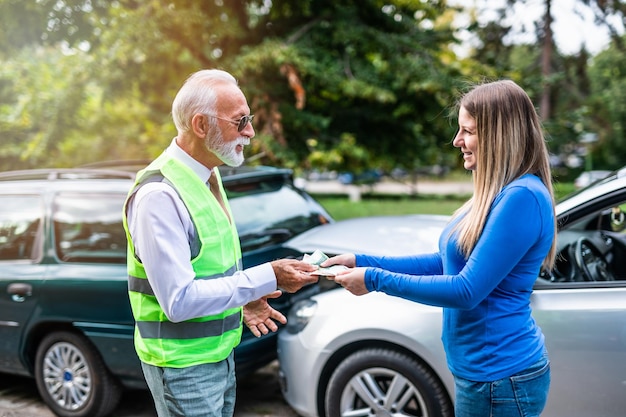 Woman pays damage to a senior man because of car crash happened by her fault.