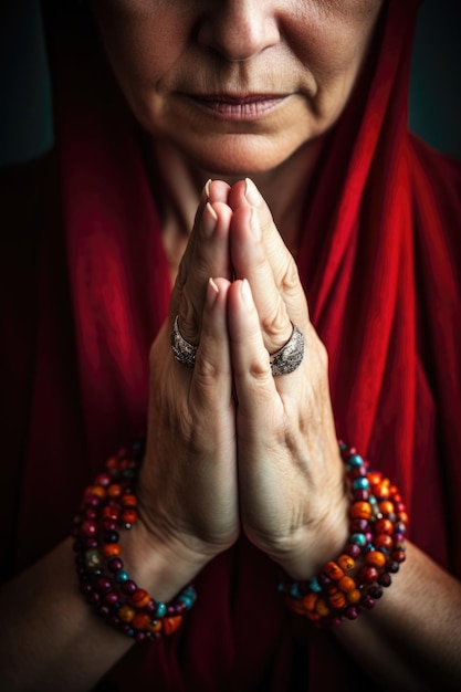 Woman peace and hands together in prayer for meditation yoga or wellness created with generative ai