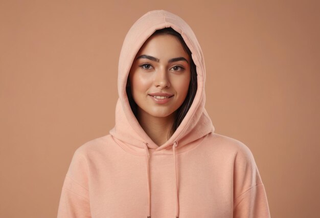 A woman in a peach hoodie presents a relaxed and casual style her subtle smile and warm attire