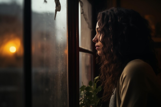 Photo woman peering through window at dusk