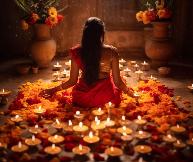 Photo a woman performing a puja ceremony surrounded