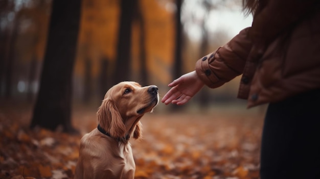 A woman petting a dog in the woods