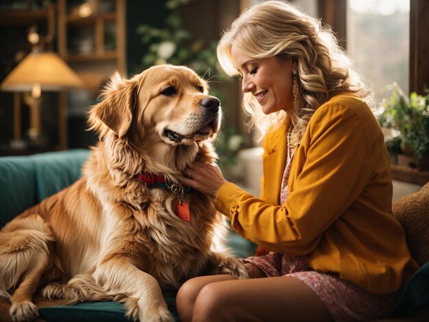 A woman petting a dog