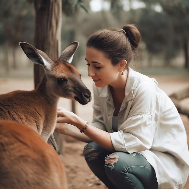 Photo a woman petting a kangaroo in a zoo created by generative ai