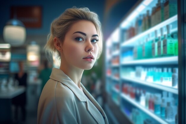 A woman in the pharmacy for checking out medicine with Generative AI