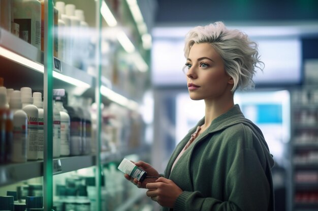 A woman in the pharmacy for checking out medicine with Generative AI