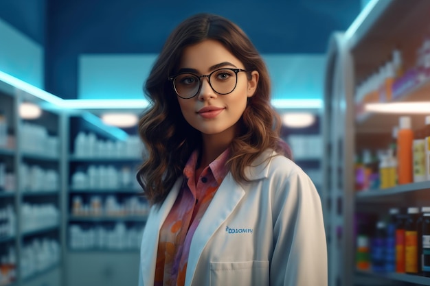 Photo a woman in a pharmacy wearing glasses stands in front of a pharmacy counter.