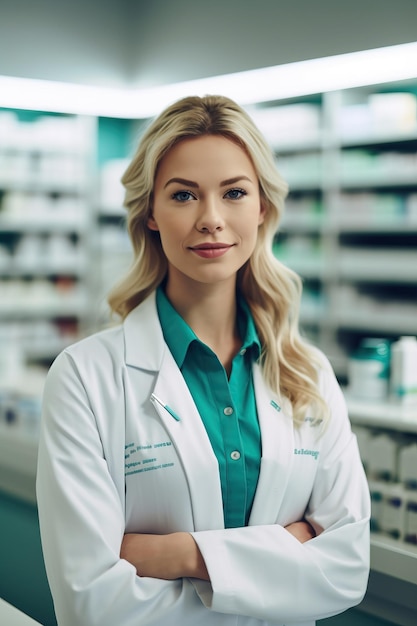 A woman in a pharmacy with a green shirt and green shirt stands in a pharmacy aisle.