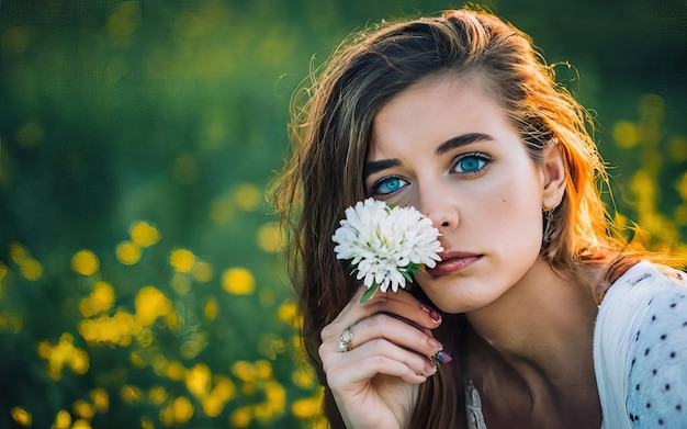 花を飾った写真の女性