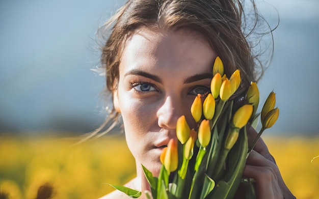 花を持った写真の女性