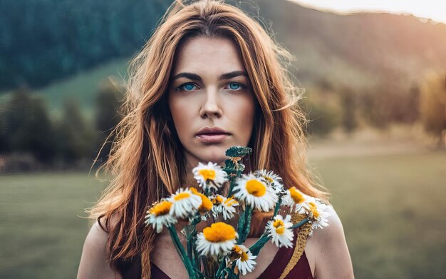 花を持った写真の女性