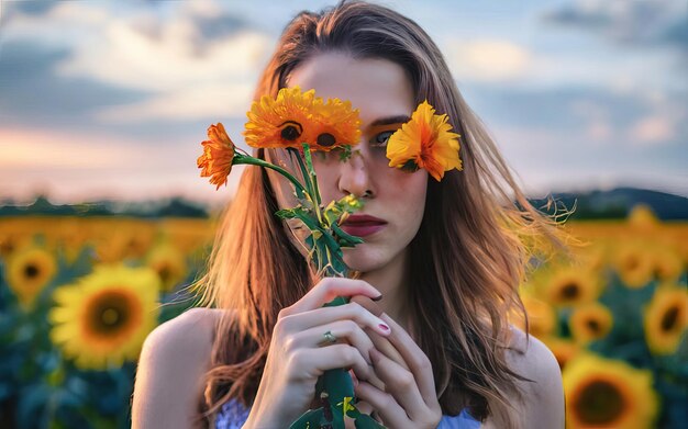 花を持った写真の女性