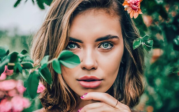 Photo woman in photo with flowers