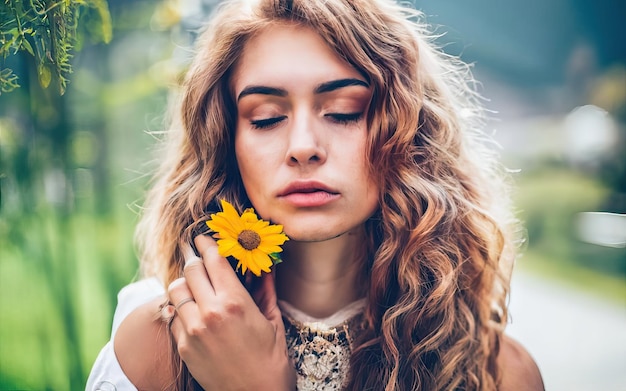 花を持った写真の女性