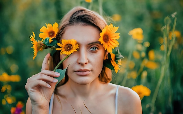 花を持った写真の女性