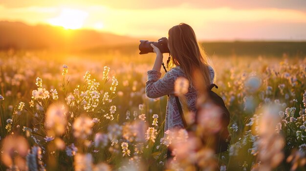 Woman Photographer Capturing Sunset Wildflowers in Prairie Meadow