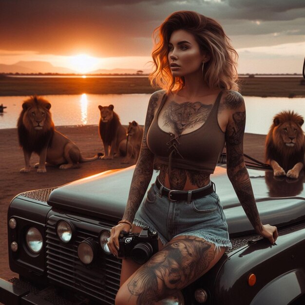 woman photographer reporter freelance travel africa in vintage jeep photograph lion sunset on lake