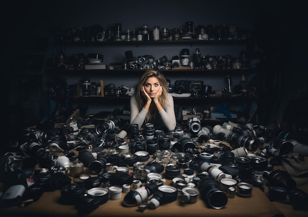 woman photographer in small dark studio space many lenses and cameras equipment Too much tasks