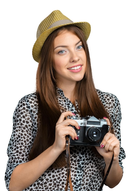 Женщина фотограф с камерой
