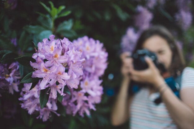 Женщина фотографирует фиолетовое цветущее растение в парке