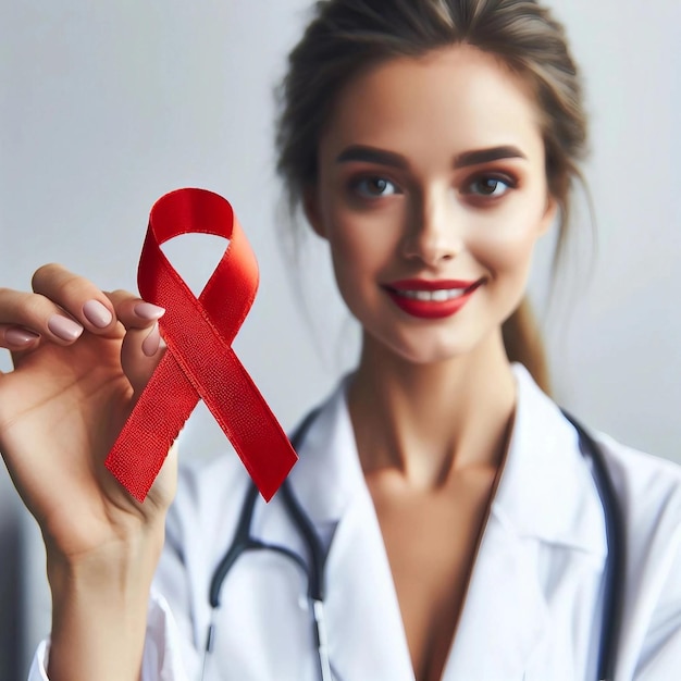 A woman physician proudly displaying a red AIDS ribbon