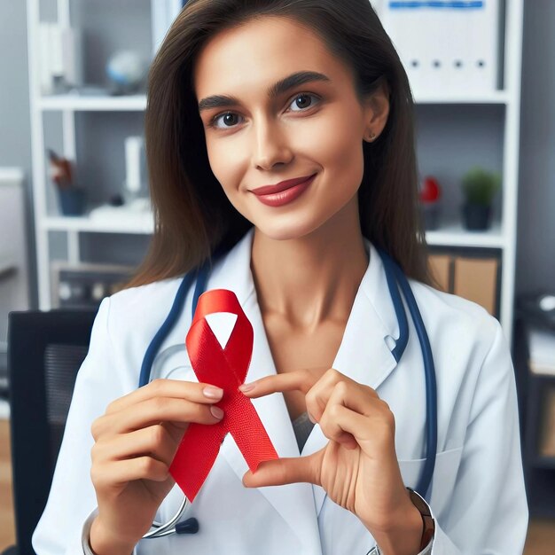 A woman physician proudly displaying a red AIDS ribbon