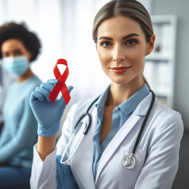 エイズ の 赤い リボン を 誇らしく 展示 し て いる 女性 医師