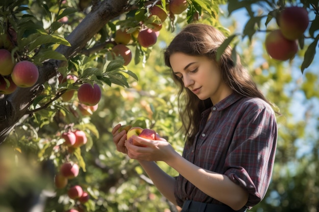 a woman picking an apple from an apple tree