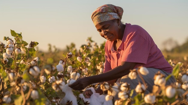 a woman picking cotton in a field