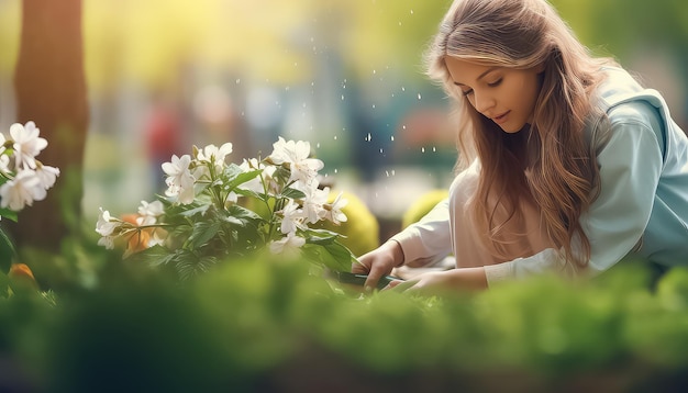 Woman picking flowers from flowerbed in garden spring concept