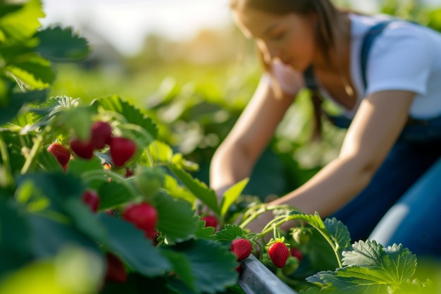 Woman Picking Strawberries on Farm Generative AI