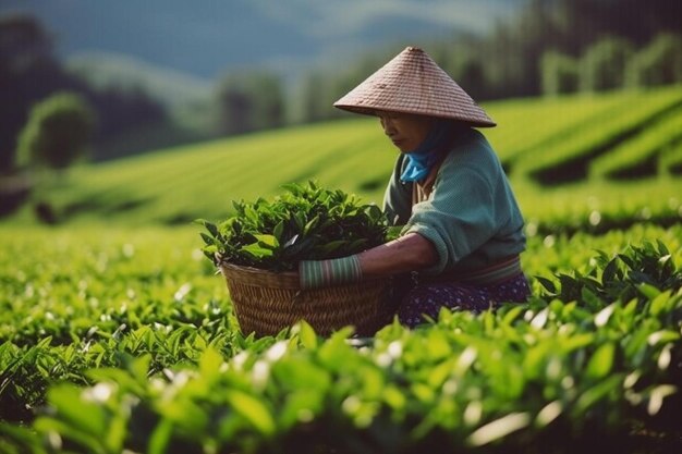 a woman picking tea leaves in a field