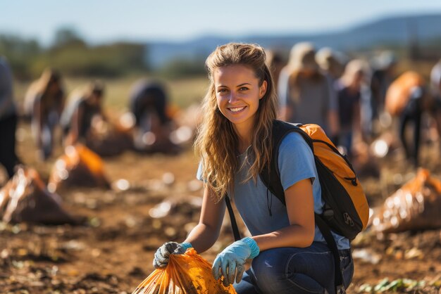 A woman picking up garbage in a field