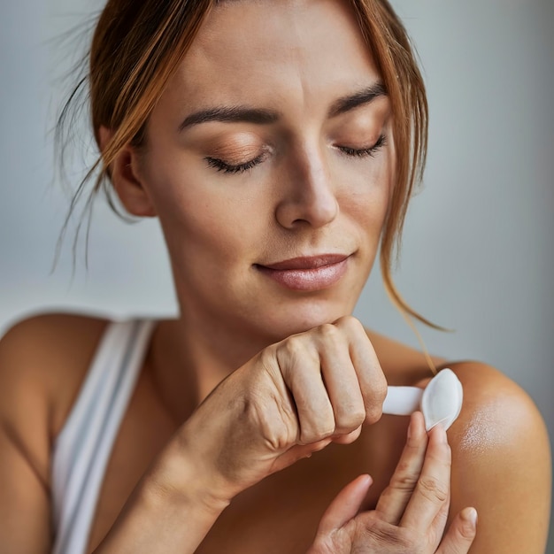 Photo woman in pijama at home applying lotion on body close up