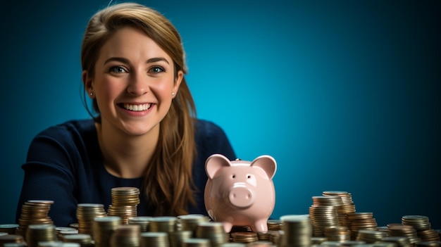 a woman and a pile of coins on the table emphasize the financial background