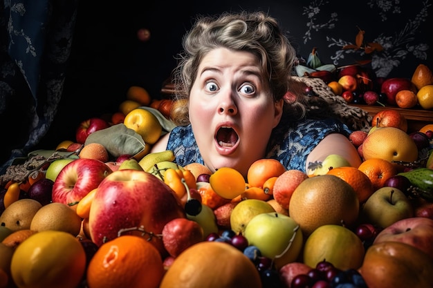 A woman in a pile of fruit