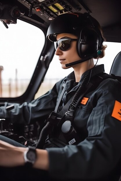 Woman pilot in the cockpit of a helicopter Unusual profession generated AI