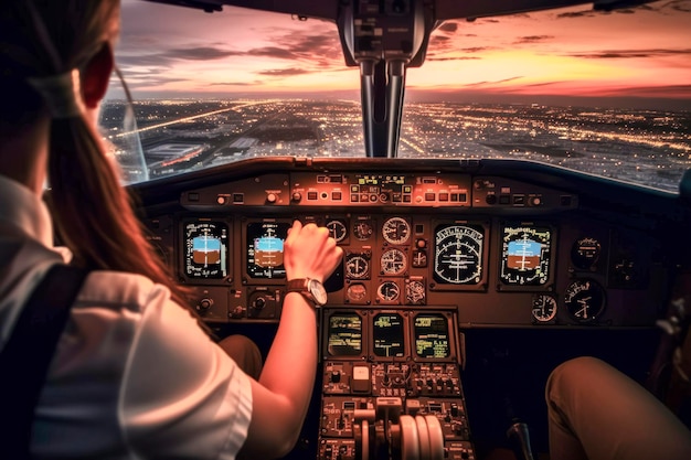 Woman pilot's hands at the helm of the plane