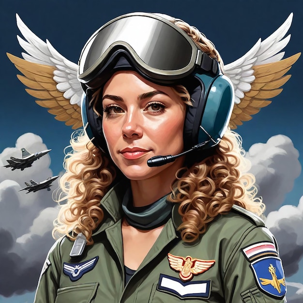 Photo a woman in a pilot uniform with wings on the back of her helmet