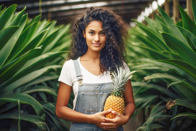 a woman in a pineapple plantation emphasizing the connection between the farmer and the healthy delicious pineapple she's holding