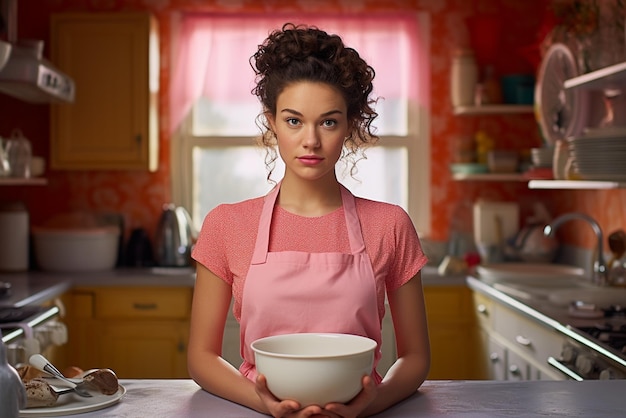 Woman in pink apron with mixing bowl in kitchen