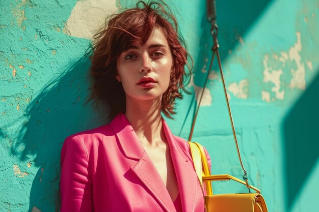 Foto donna con un blazer rosa e una borsa gialla