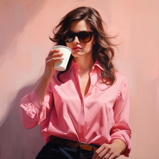 Woman in pink blouse with sunglasses and coffee