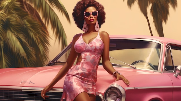 Woman in pink clothes near a retro car car