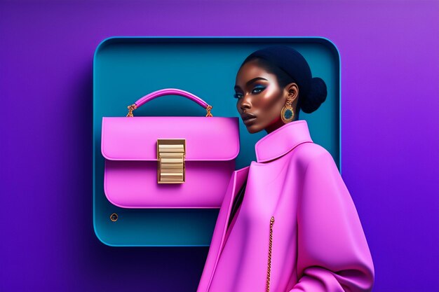 ピンクのコートを着た女性が紫色のバッグの隣に立っています