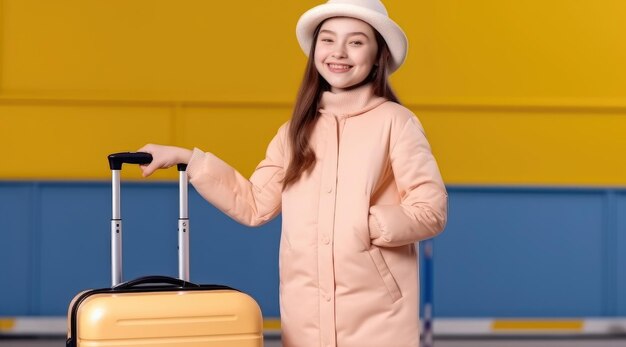 A woman in a pink coat stands with a yellow suitcase.