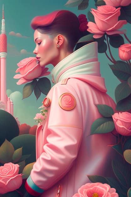 Женщина в розовом пальто с розовым жакетом и розовым цветком.