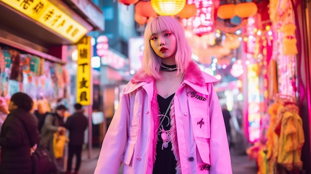 A woman in a pink coat with the word'cyberpunk'on it