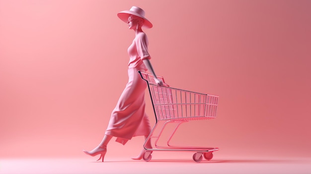Женщина в розовом платье и шляпке несет тележку.