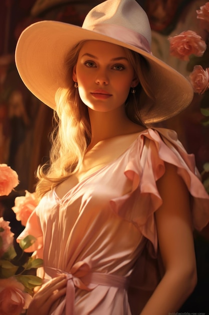 A woman in a pink dress and a hat stands in front of a bouquet of flowers.